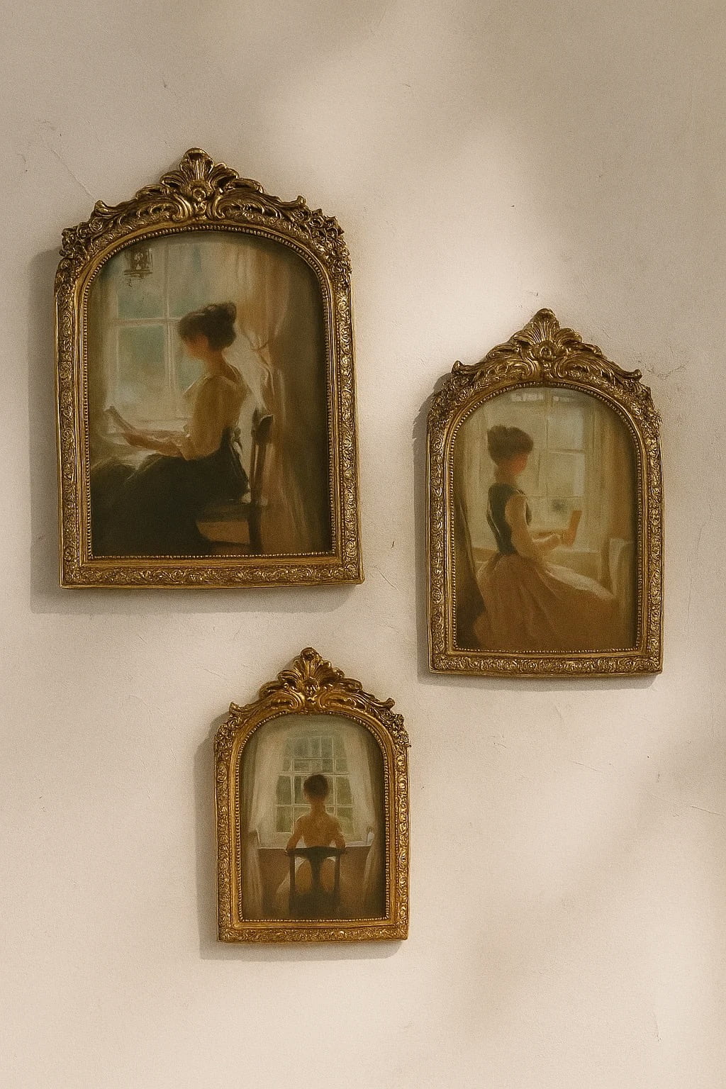 Three framed vintage-style oil paintings depicting women at a window, arranged on a textured off-white wall under warm sunlight.