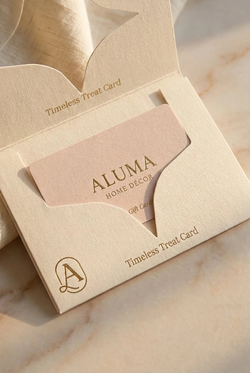 An open cream-colored gift card envelope with a pale blush pink card inside, featuring the brand name ALUMA HOME · DECOR and the text 'Timeless Treat Card' on a softly lit marble surface.