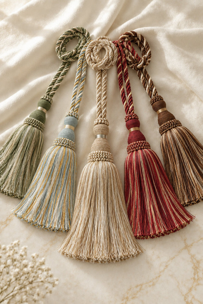 Four decorative curtain tassels with braided cords and long fringe, arranged on a soft cream fabric background. The tassels come in muted sage green, pale blue, cream, and burgundy-red tones.