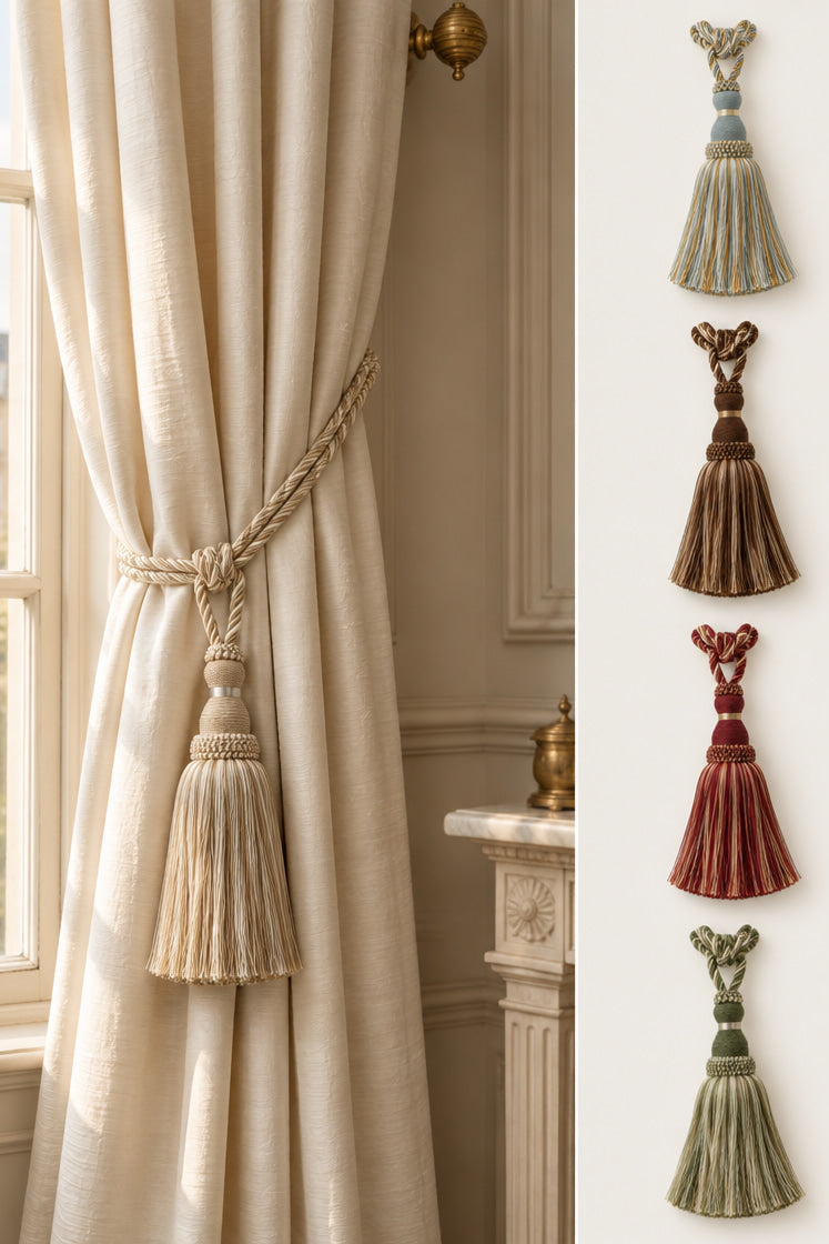 A cream-colored curtain tieback with a knotted rope cord and a large tassel is shown hanging on a window in an elegant room. On the right side, a vertical panel displays five different tassel tieback color options against a light wall.