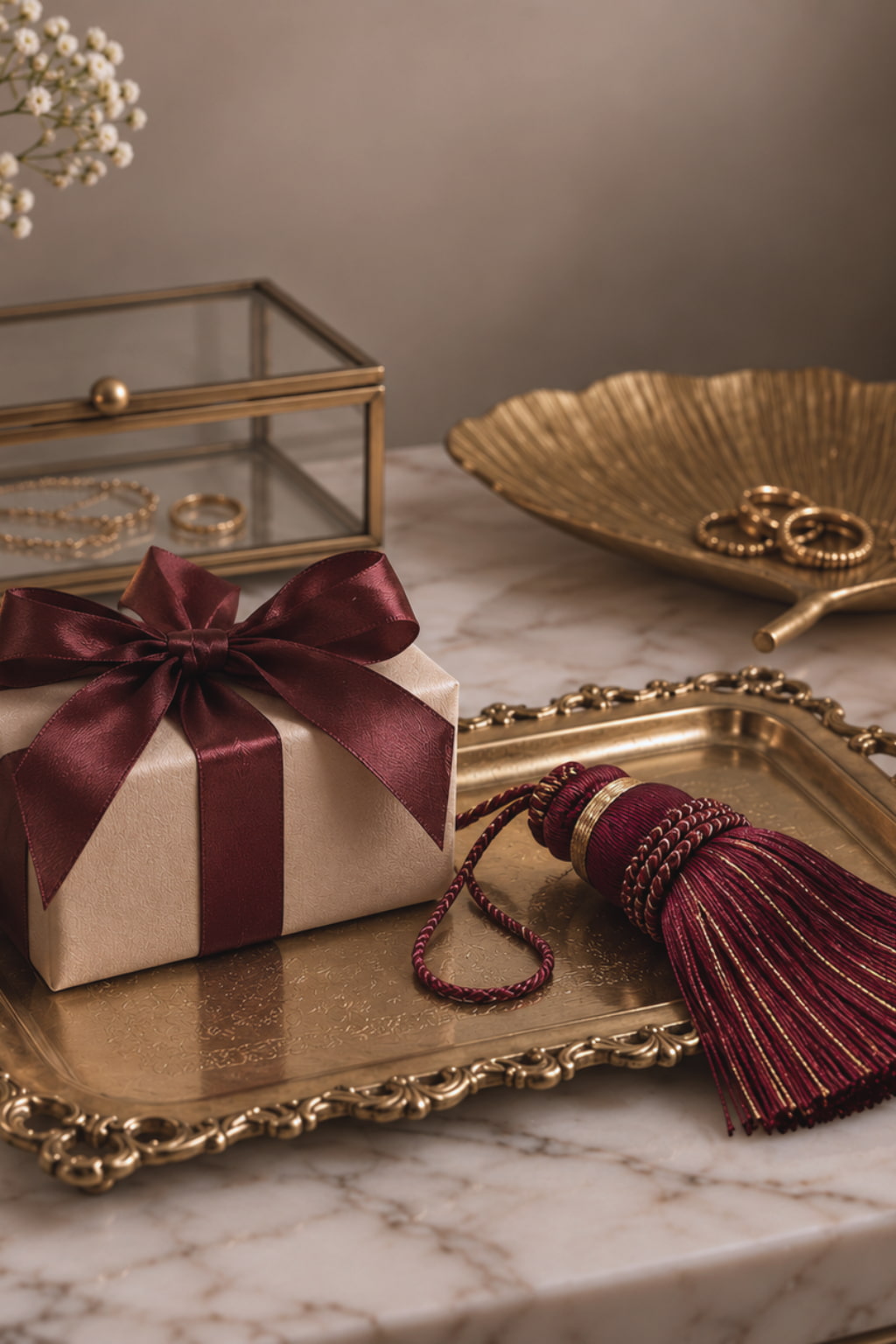 A styled gift box wrapped in beige paper with a large burgundy satin ribbon and bow, placed on an ornate gold tray. The scene includes a matching burgundy tassel, a gold leaf-shaped dish with rings, a glass jewelry case, and a marble surface against a warm neutral background.