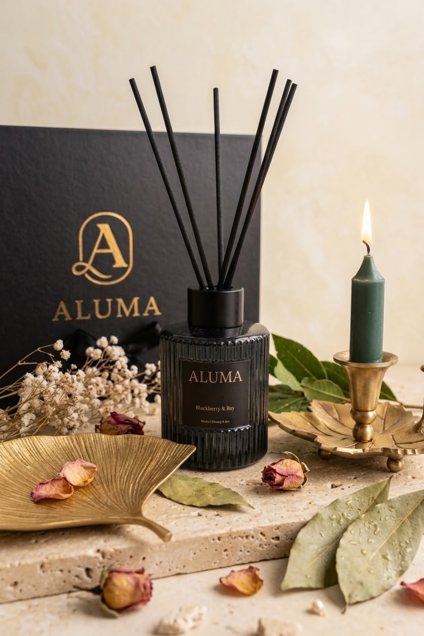 black aluma gift box, brass chamberstick, green lit candle, brass trinket dish, reed diffuser on a marble tray, dry flowers and bay leaves