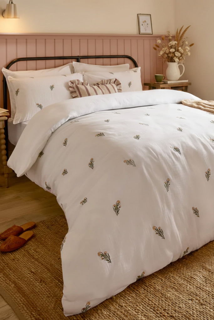 Josephine Embroidered Duvet Set in White and Earthy Pink