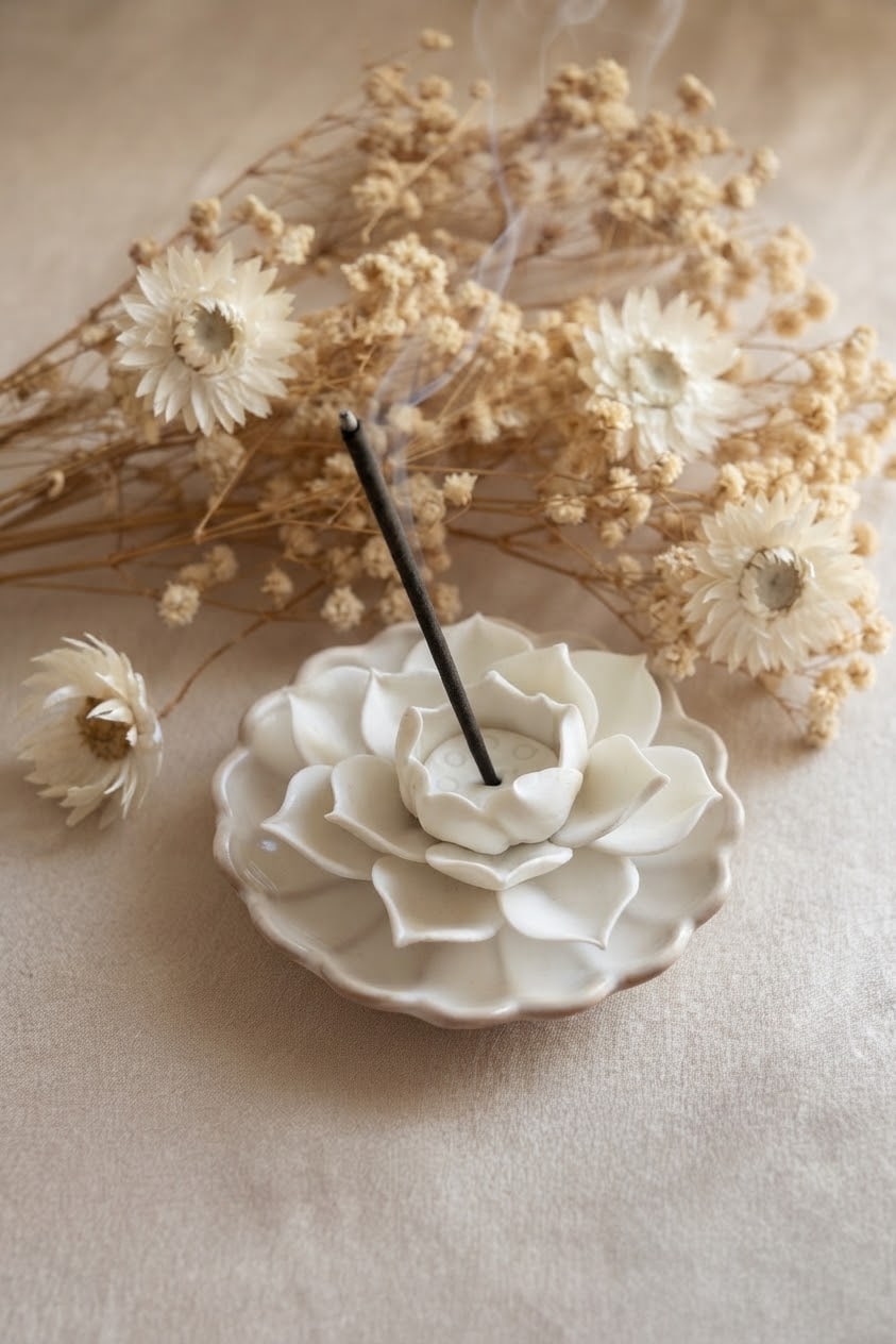 A white ceramic lotus-shaped incense holder with a smoking incense stick, styled with dried flowers on a beige fabric background.