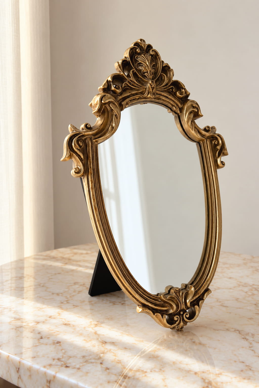 An ornate gold-framed oval mirror with a black triangular stand, displayed on a light marble tabletop against a neutral beige wall.