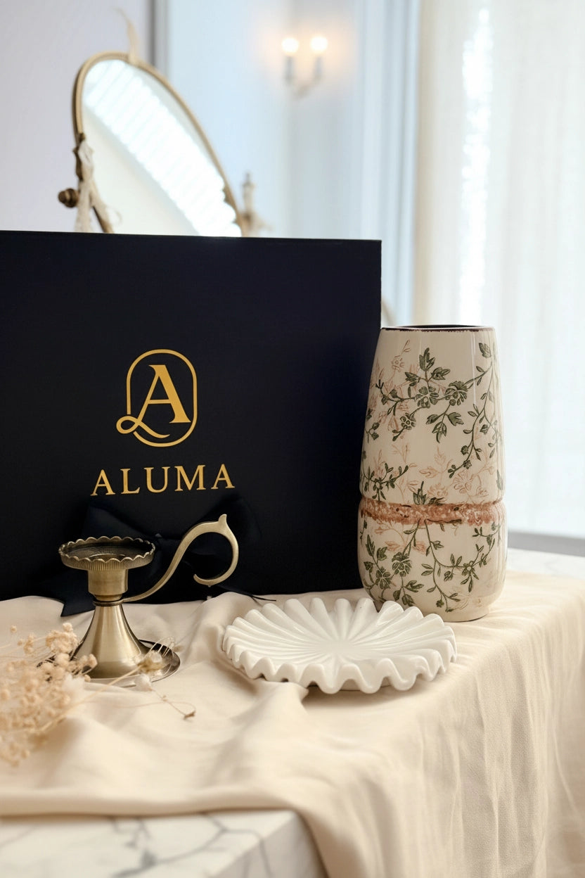 A styled interior scene showing a black ALUMA gift box with gold lettering, a cream floral ceramic vase, a small gold candle holder, and a white scalloped dish on a draped cream fabric surface in a bright room.