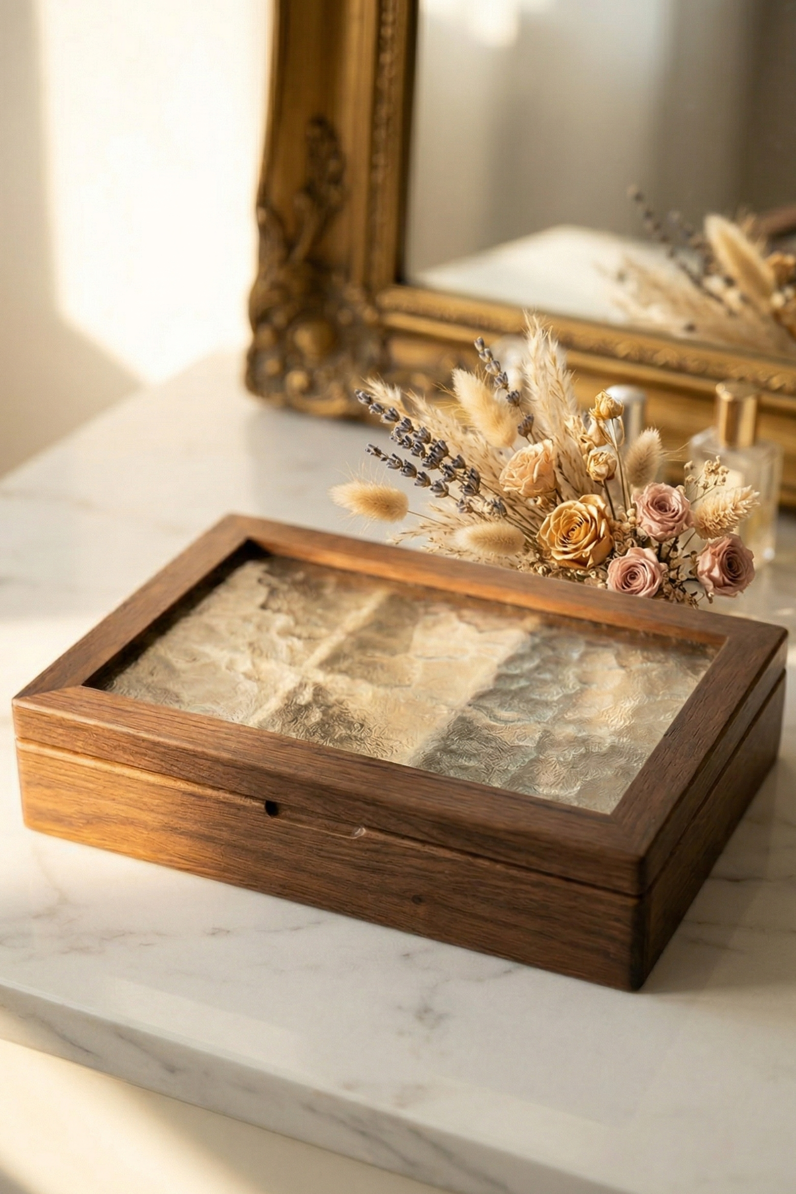 Wooden jewelry box with a glass lid containing dried flowers on a marble surface.