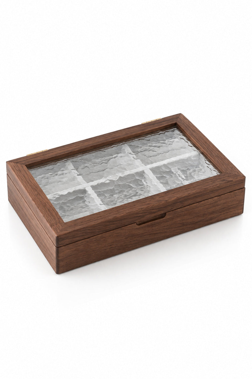 A rectangular wooden jewelry box with a textured glass lid divided into six compartments, shown on a clean white background.