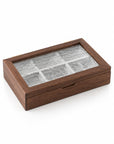 A rectangular wooden jewelry box with a textured glass lid divided into six compartments, shown on a clean white background.