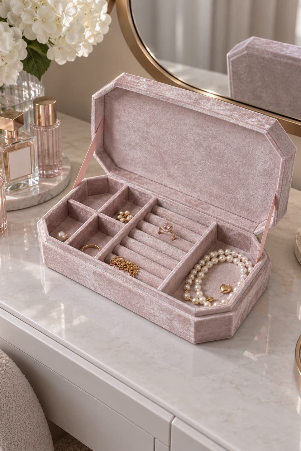 A blush pink velvet jewelry box with multiple compartments, shown open on a white marble vanity table with jewelry arranged inside and a mirror in the background.