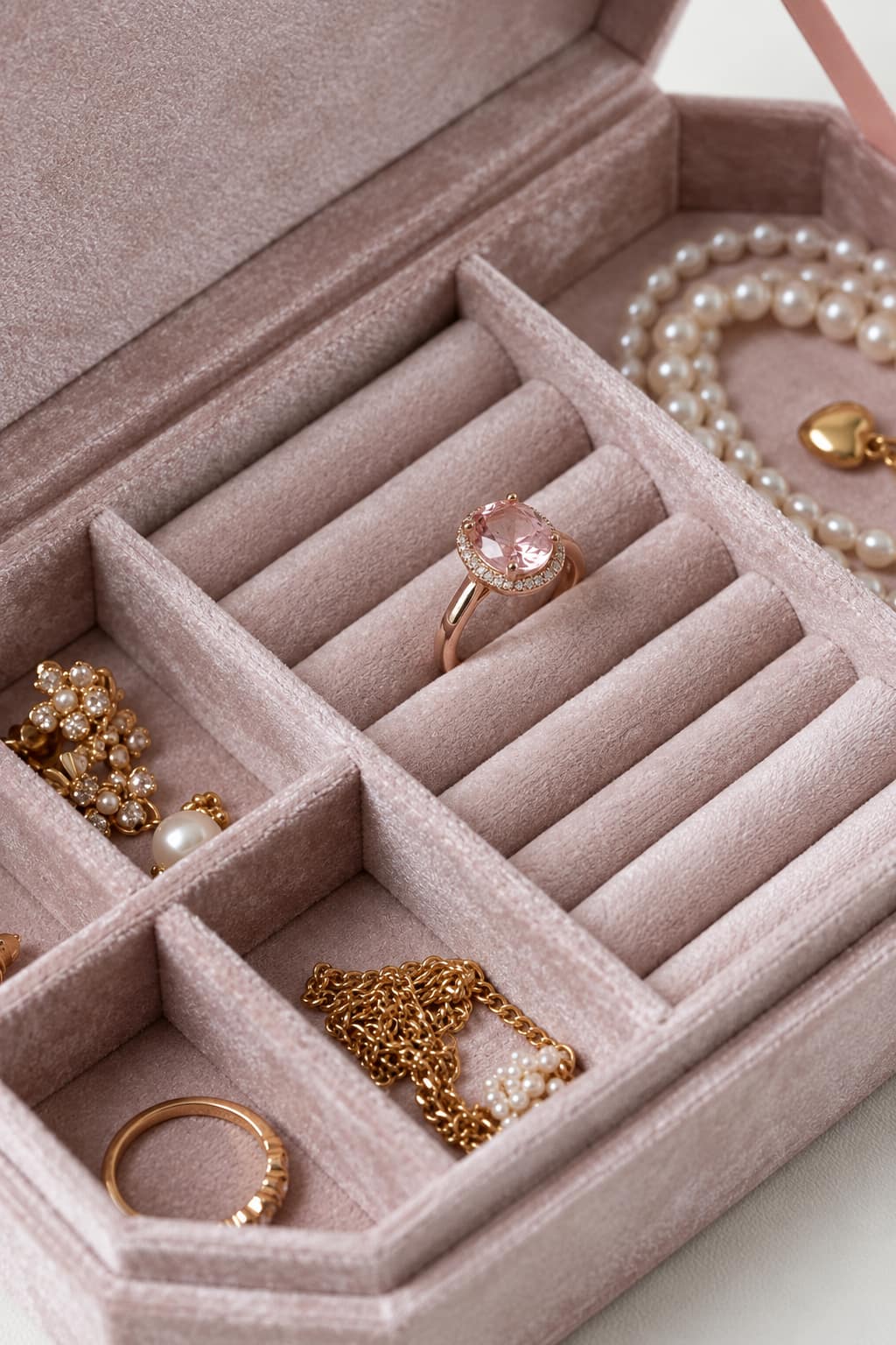 An open blush pink velvet jewelry organizer tray with multiple compartments, holding rings, earrings, and a pearl necklace.