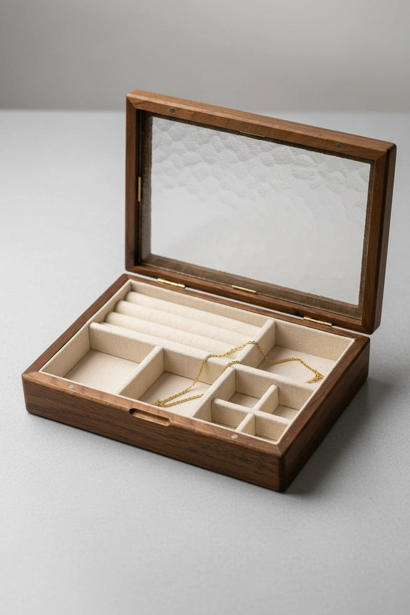An open wooden jewelry box with a glass window on the lid, featuring cream-colored interior compartments and a gold necklace displayed inside, set against a neutral gray background.
