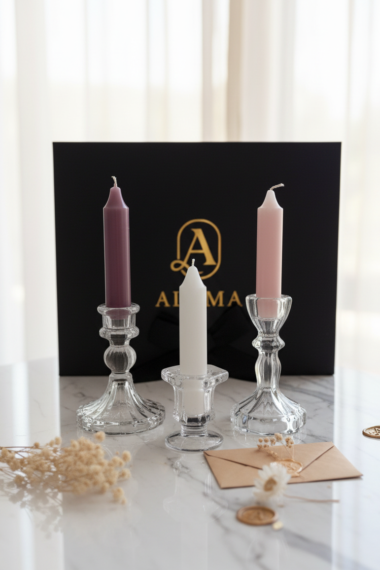 Three taper candles in glass candlesticks arranged on a marble surface in front of a black branded box. The candles are plum purple, white, and pale pink, with dried flowers and envelopes placed around them.
