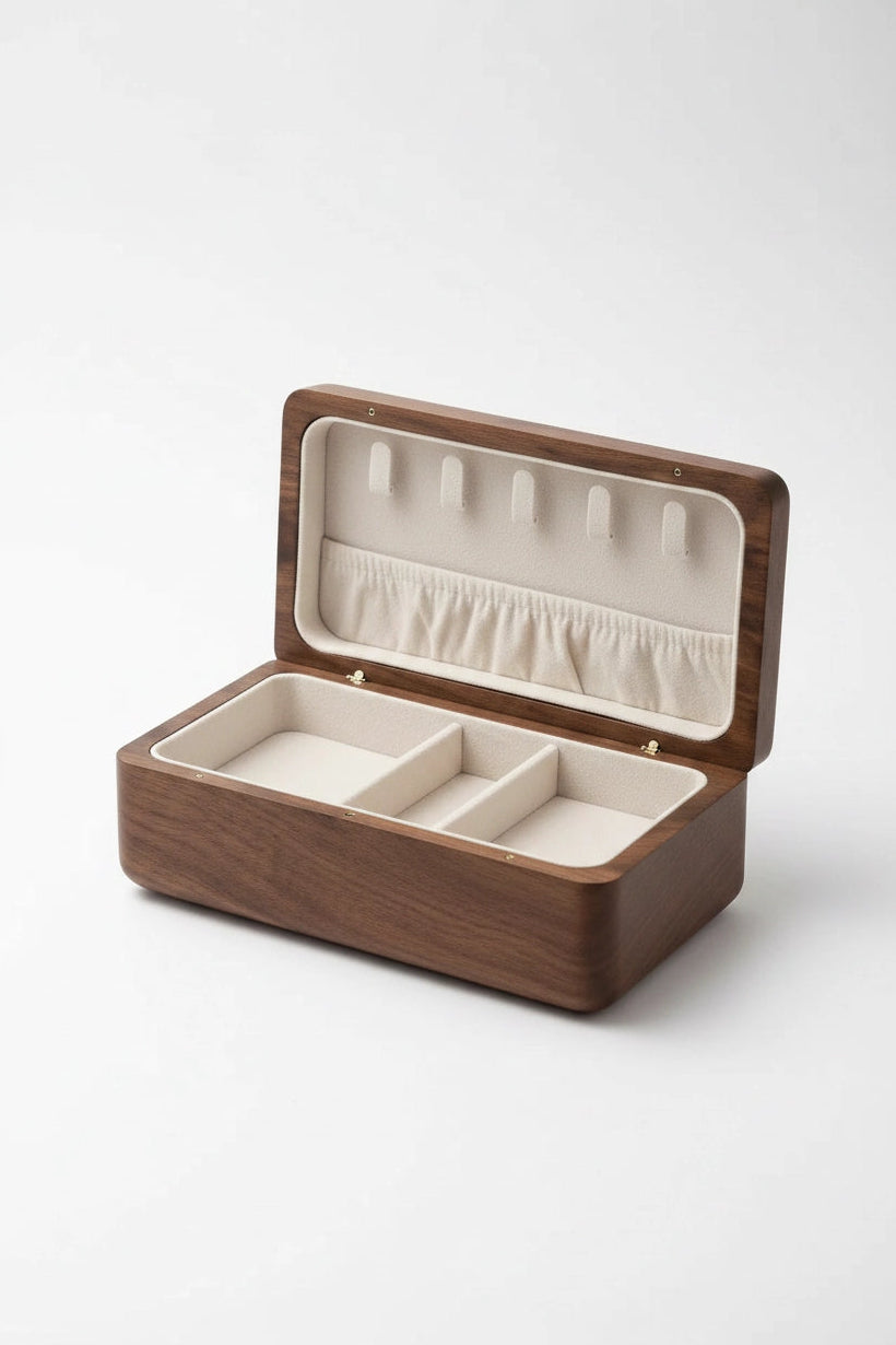 A rectangular wooden jewelry box with an open lid, featuring a dark brown wood exterior and a cream-colored interior with compartments and a ring roll.