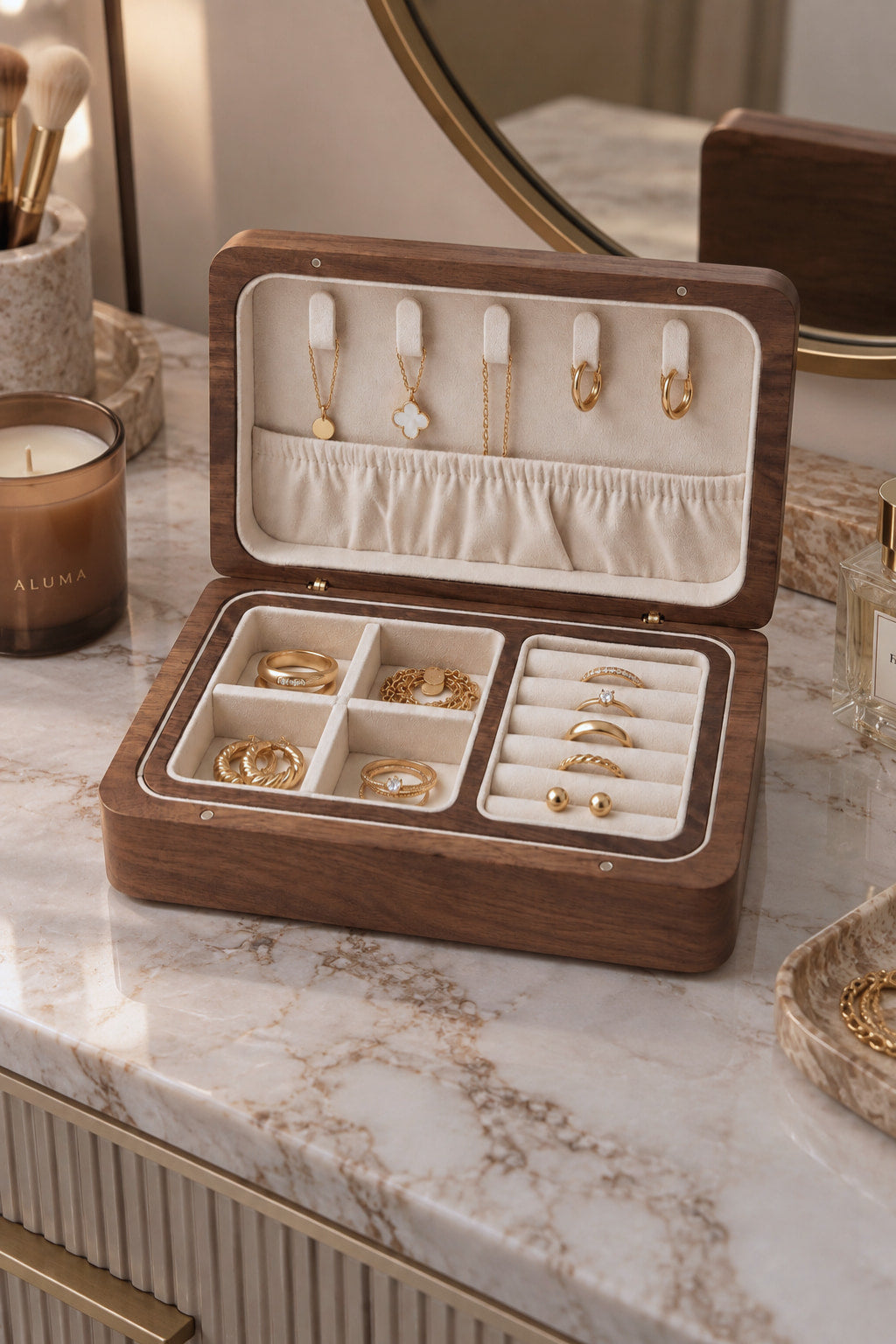 An open wooden jewelry organizer box with cream velvet lining, displayed on a marble countertop. The box contains rings, necklaces, and earrings, with a mirror and candles visible in the background.