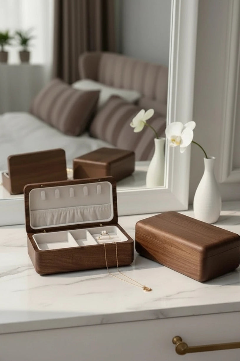 A wooden jewelry box set displayed on a white marble surface in a softly lit bedroom setting, with one open box showing compartments and a necklace inside, plus matching closed boxes and a mirror reflecting the room.