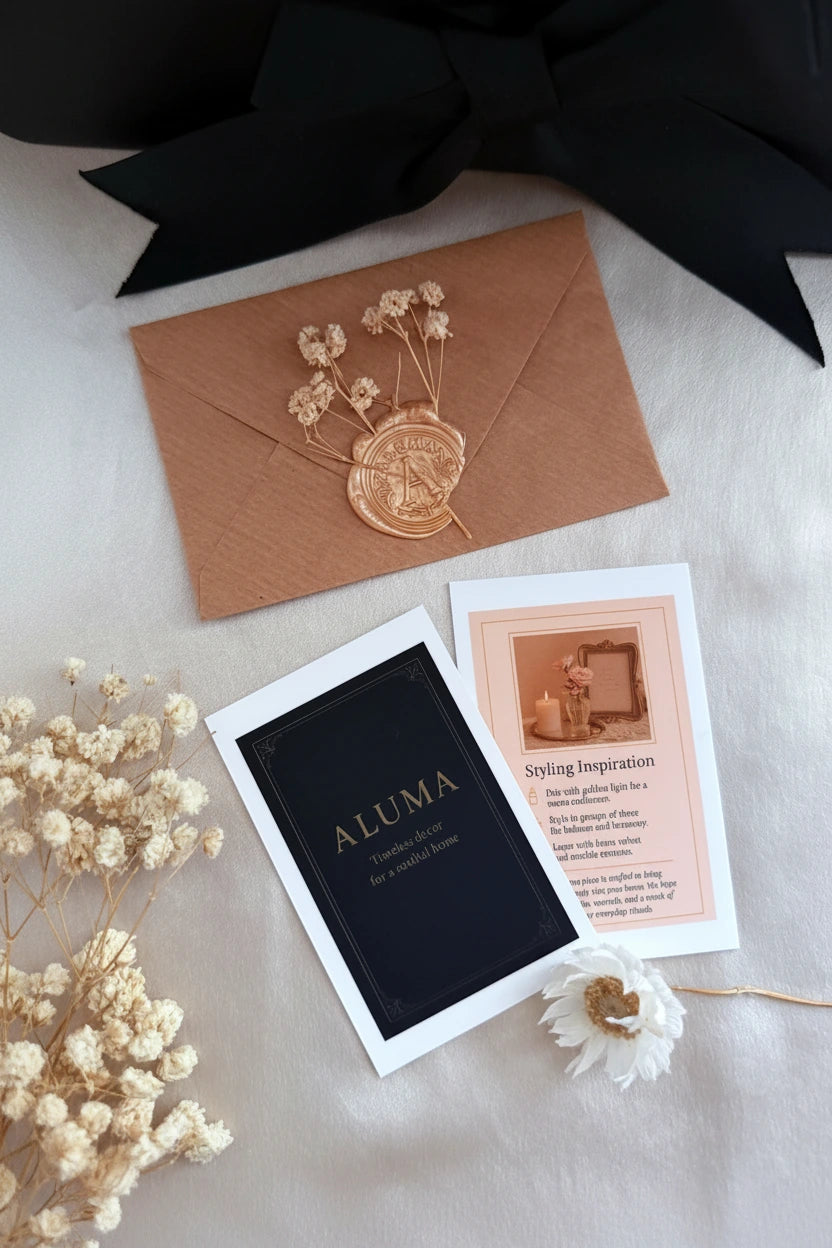 A styled flat-lay of wedding stationery on a light fabric background, featuring a kraft paper envelope with a gold wax seal, a black invitation card with the name ALUMA, a pink invitation card with wedding details, and dried white flowers.
