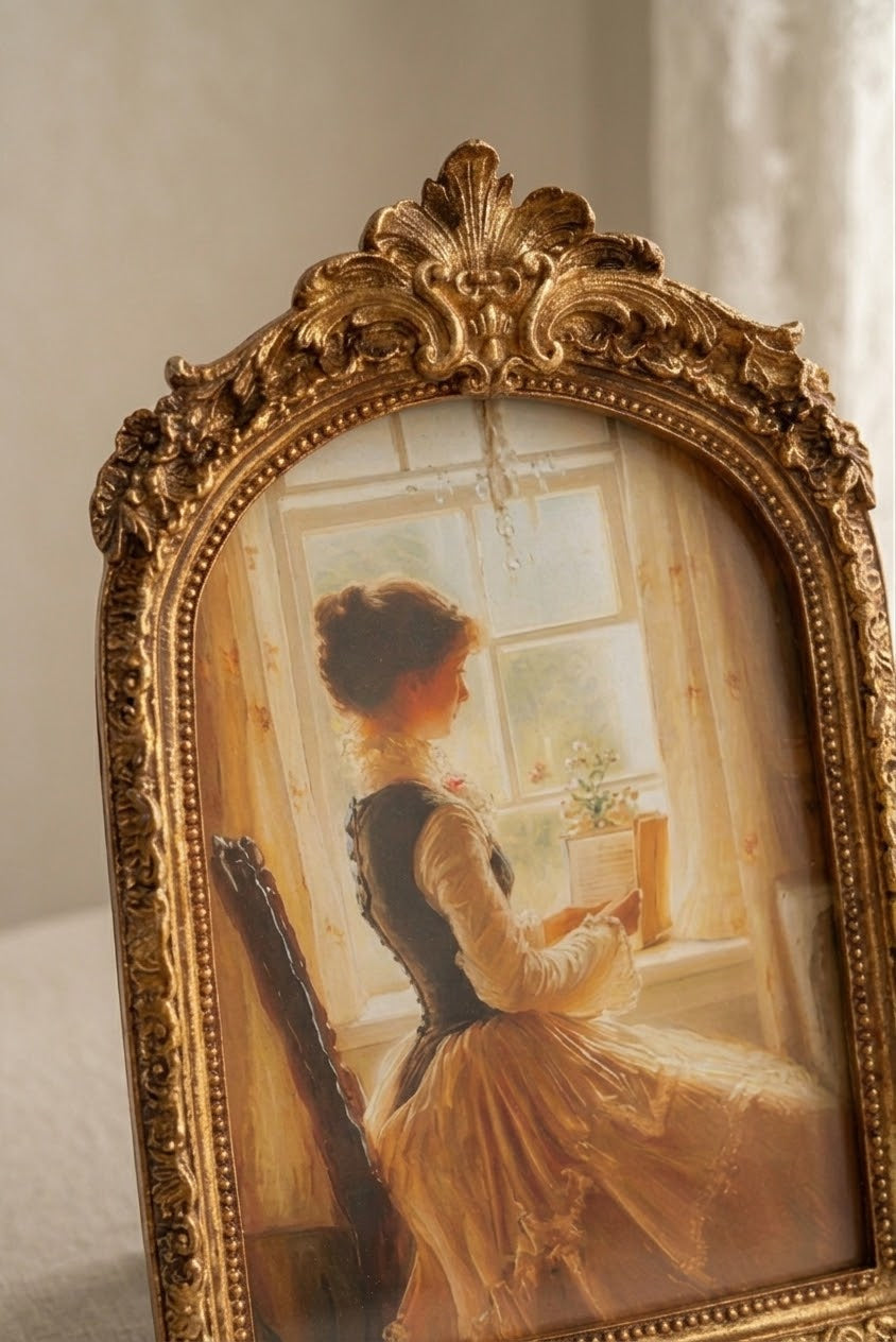 An ornate vintage-style gold picture frame holding a painted portrait of a woman in a yellow dress seated by a window, shown against a softly lit neutral interior background.