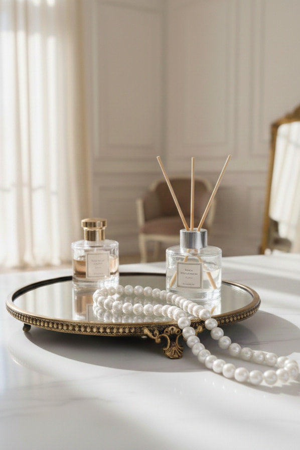 Two glass diffusers on a round mirror brass tray with pearls in a room setting.