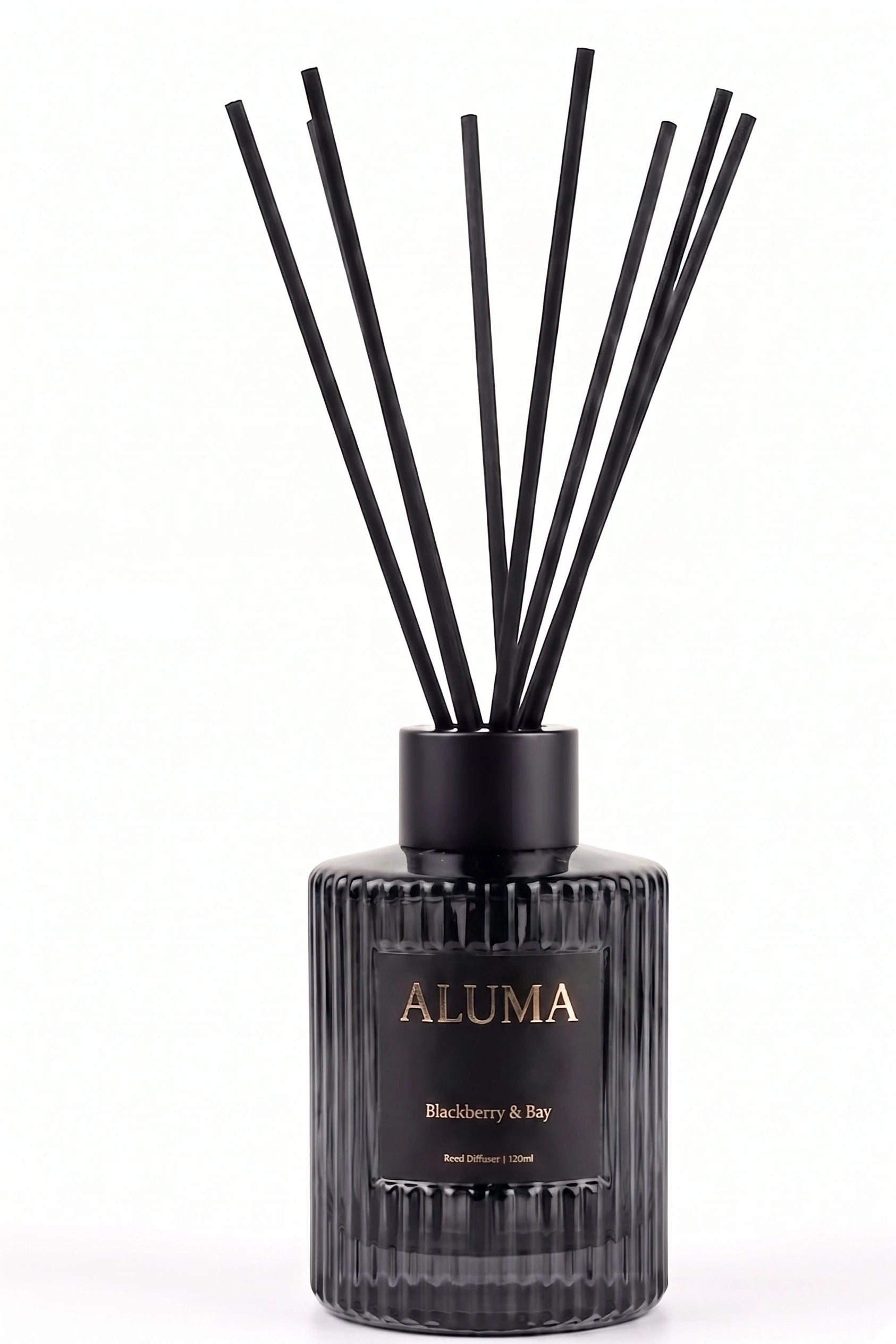 A reed diffuser bottle with black reeds, a ribbed black glass body, and a black label with gold lettering reading 'ALUMA' and 'Blackberry & Bay' on a white background.