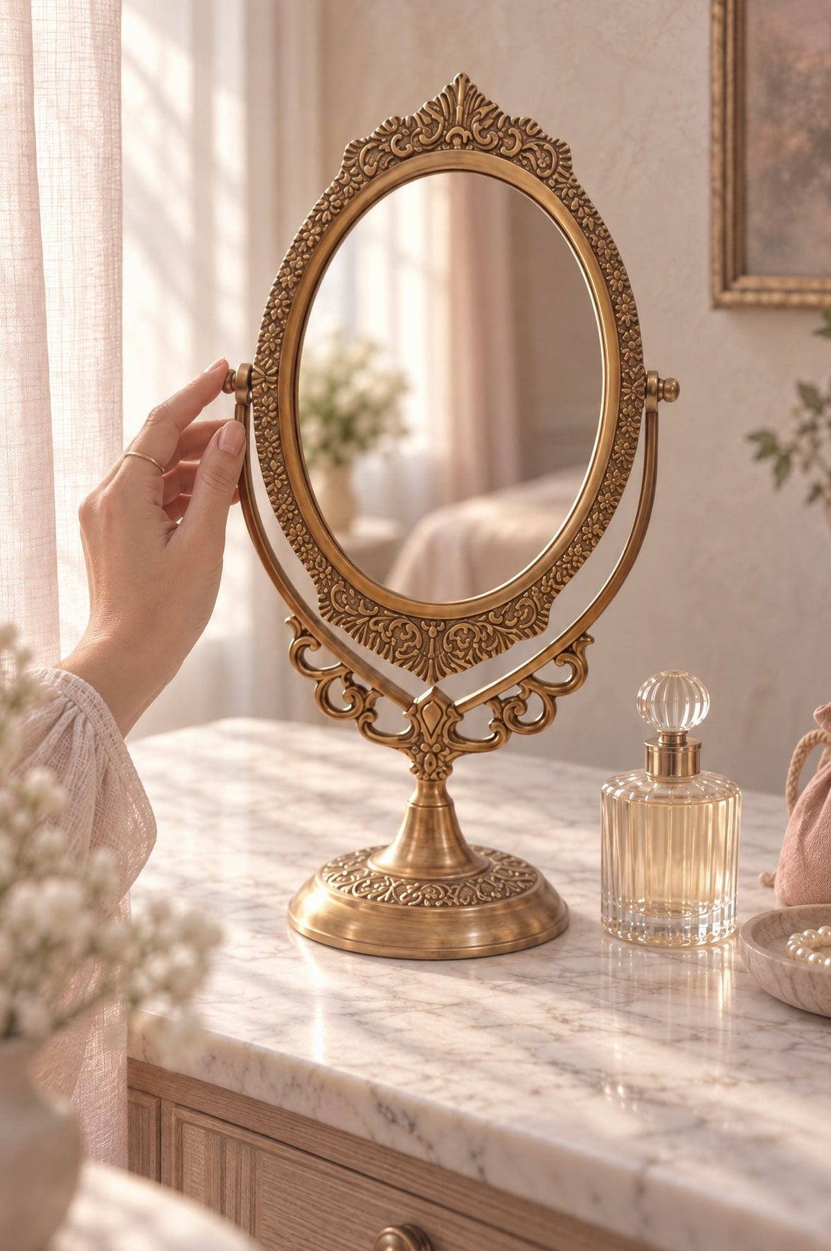 An ornate brass gold-toned oval vanity mirror with a decorative frame and stand, displayed on a marble-top dresser in a softly lit bedroom setting. and hand touching the mirror 