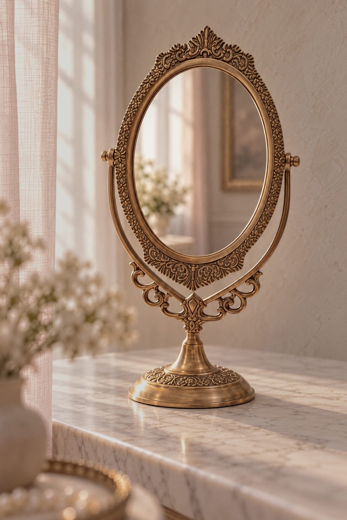 An ornate  brass gold vanity mirror with a decorative oval frame and matching pedestal base, styled on a marble surface in a softly lit room.