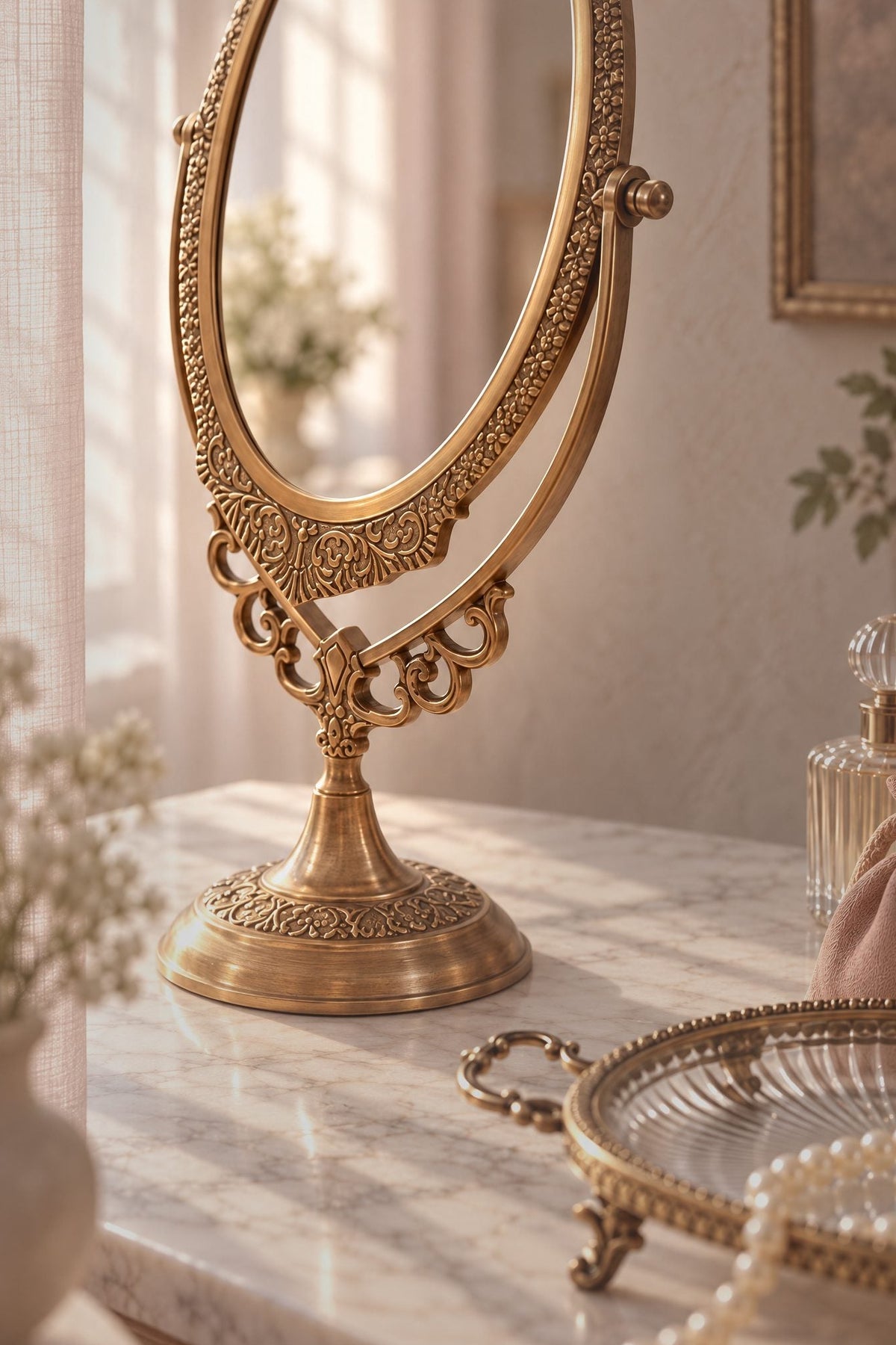An ornate brass gold-toned freestanding oval mirror with intricate scrollwork, displayed on a marble surface in a softly lit interior setting.