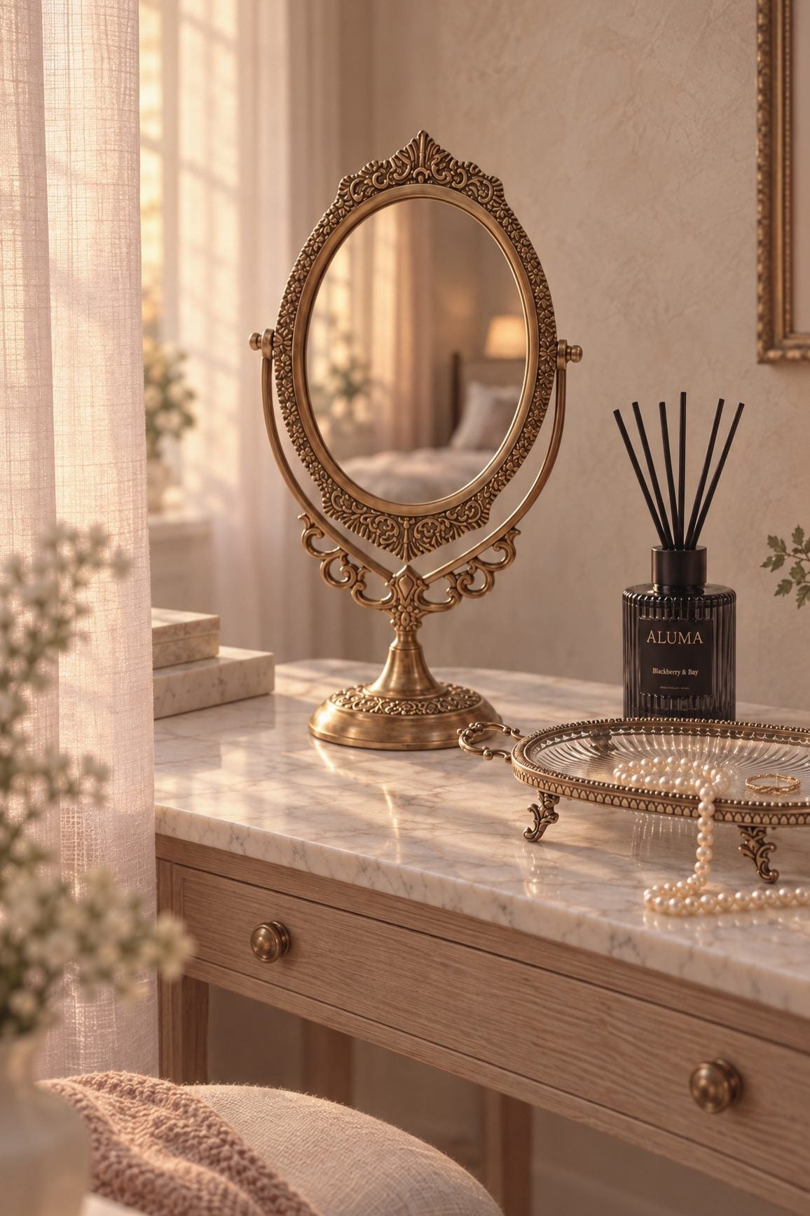 An ornate brass gold-toned oval vanity mirror with a decorative frame and stand, displayed on a marble-top dresser in a softly lit bedroom setting.