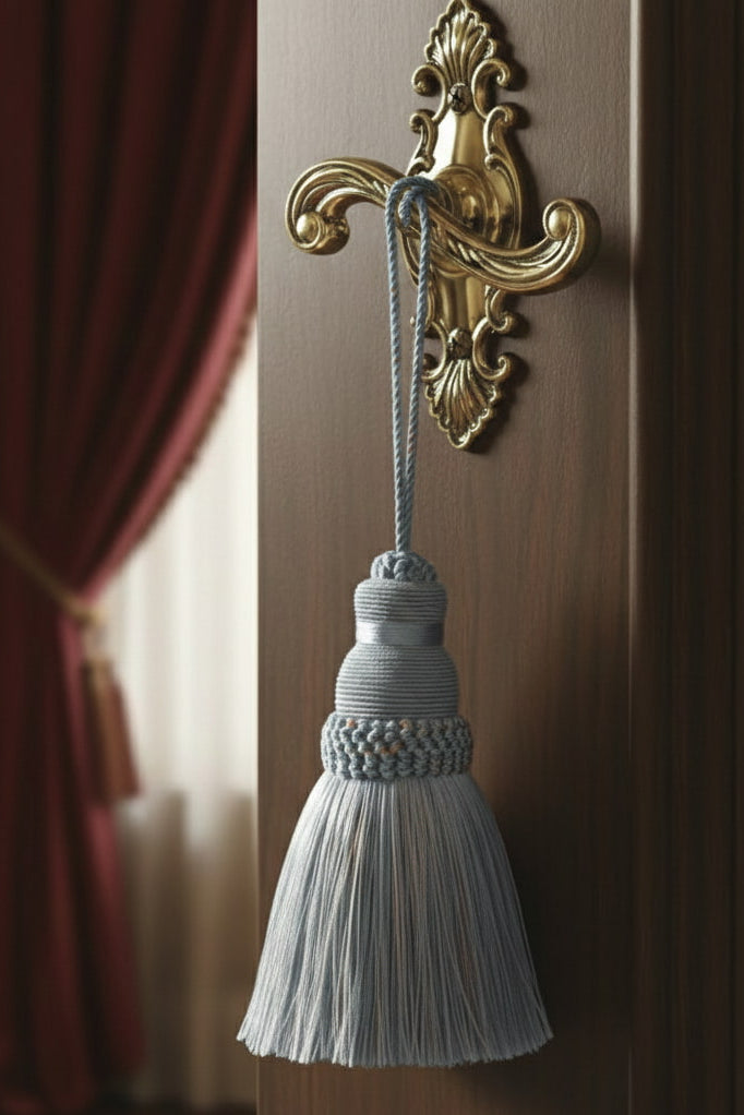 Decorative  blue tassel hanging from a gold door knocker on a wooden door.