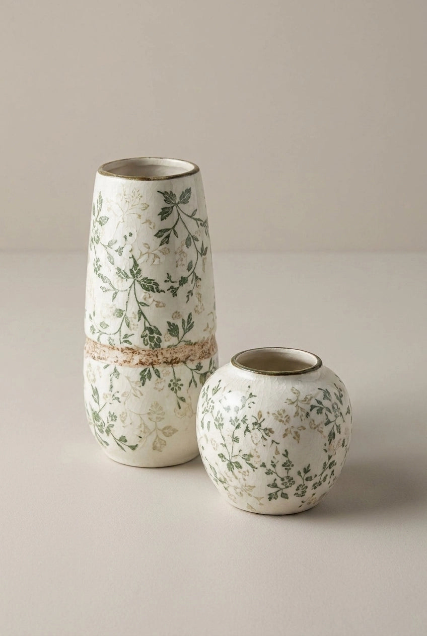 Two ceramic vases with a delicate green floral pattern on a warm off-white background, one tall and one short, set against a neutral beige studio backdrop.