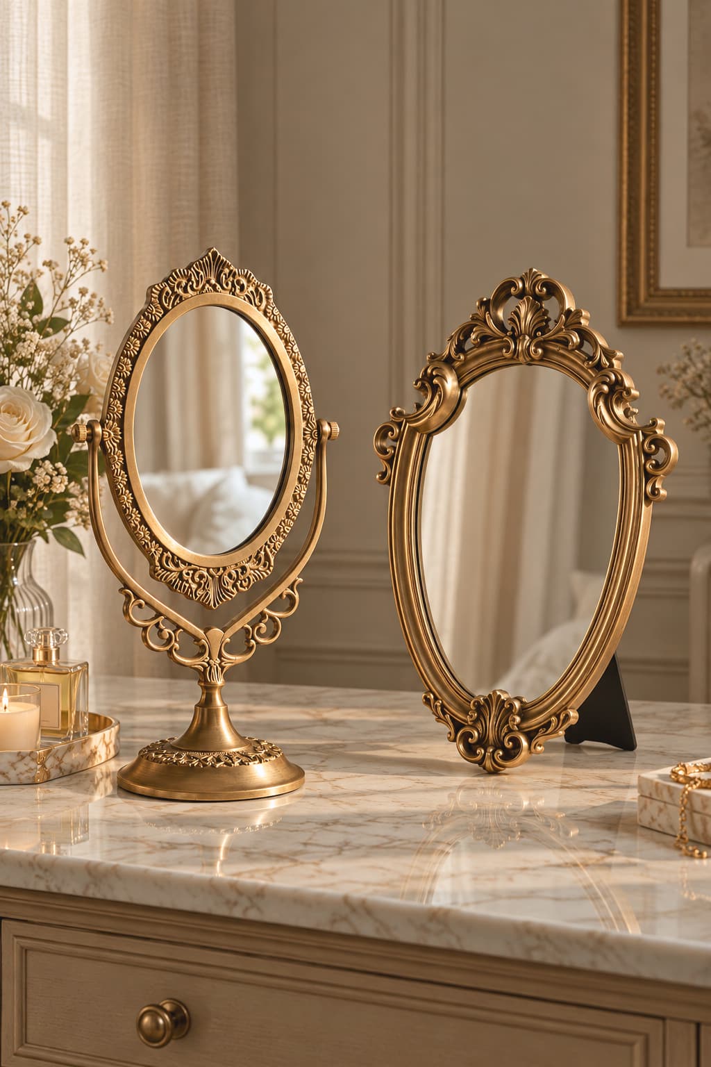 brass mirror on a marble top next to a gold resin mirror, in a luxury home,
