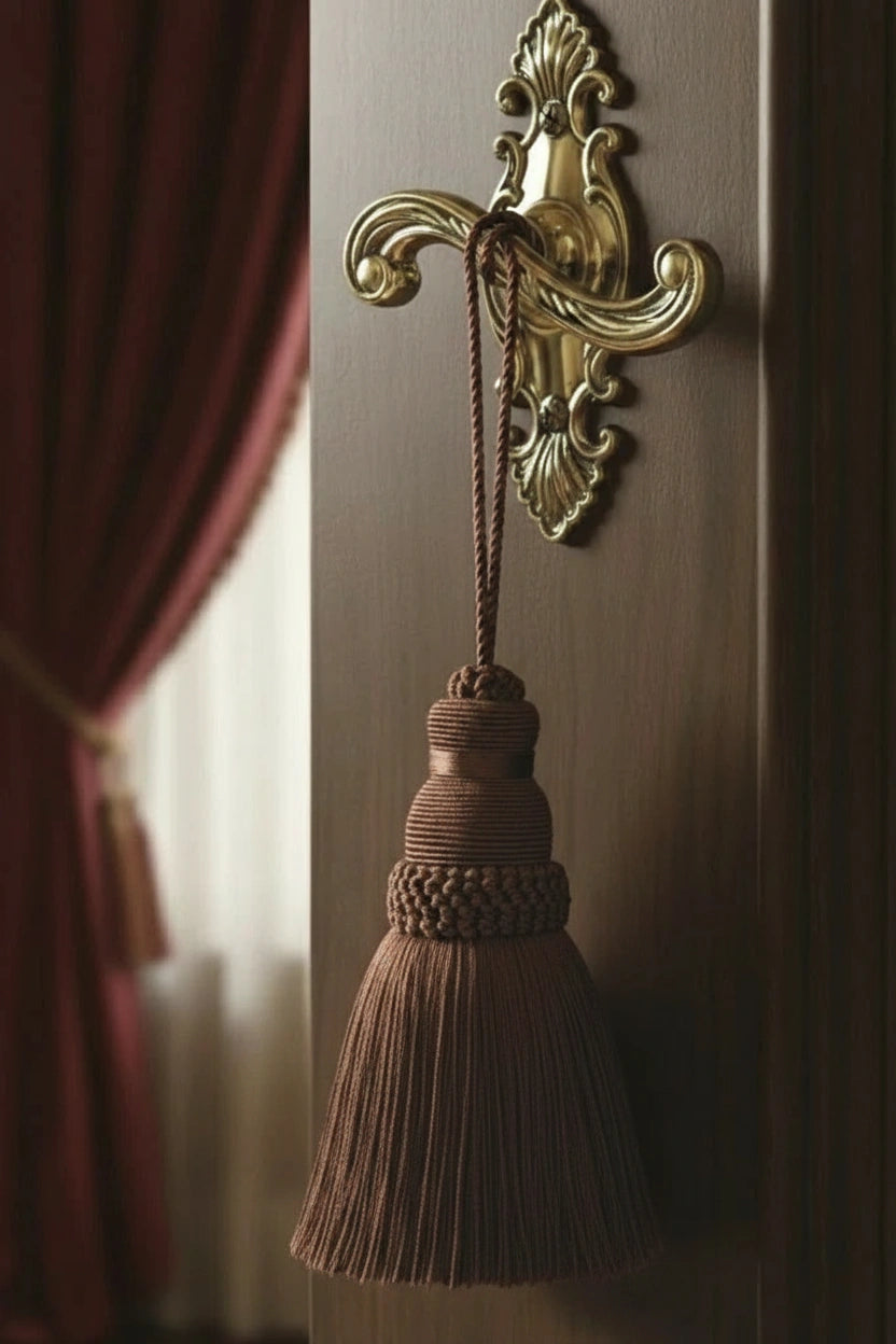 A brown fabric tassel with a braided cord and ornate gold wall mount, hanging against a dark wood door next to a red curtain.