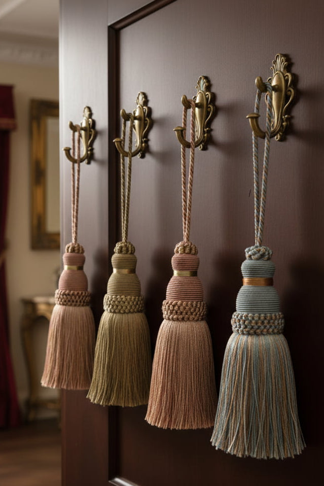 Set of decorative four tassels hanging on a wooden door.