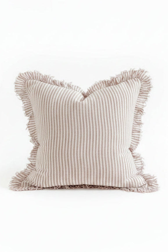 Avoine Ruffled Linen Cushion in Pink Stripe