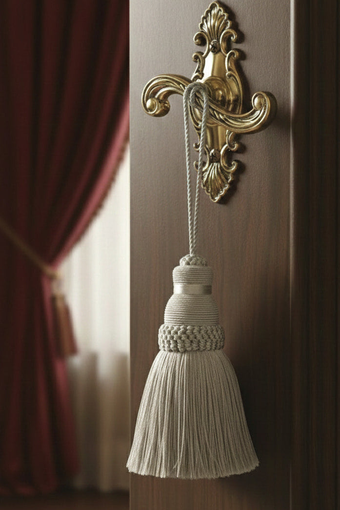 Decorative kaki tassel hanging from a gold door handle against a wooden door with red curtain.