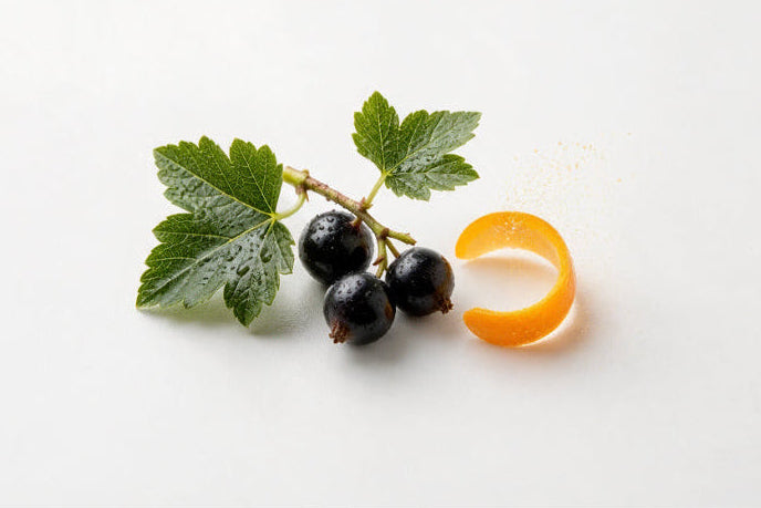 Three dark blackcurrants on a stem with green leaves next to a curled orange peel, photographed on a clean white background.