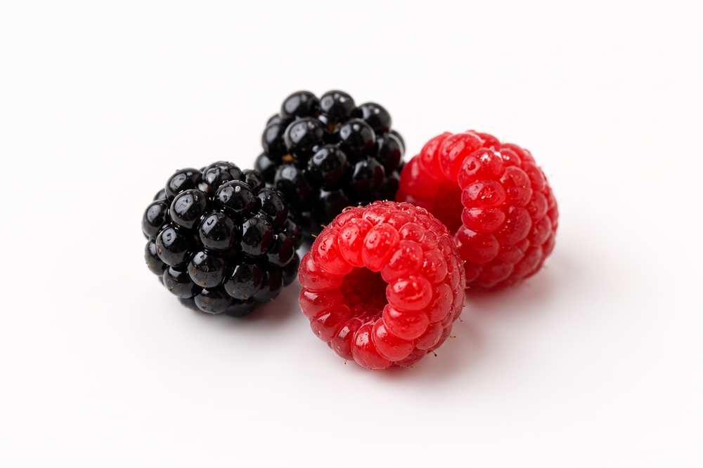 Three fresh berries on a white background: two blackberries and one red raspberry, photographed close up.