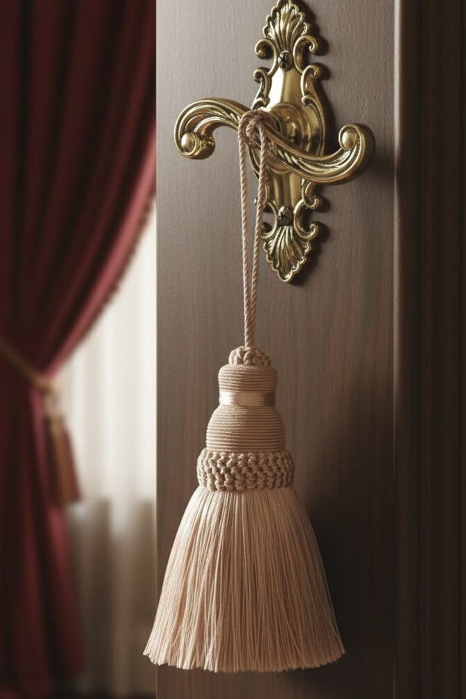 Decorative pink  tassel hanging from a gold hook on a wooden door with curtains in the background.