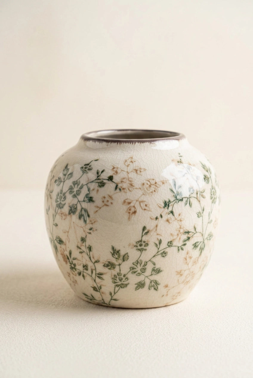 A small ceramic vase with a rounded body and short flared rim, decorated with a delicate hand-painted floral pattern in green and muted tan on an off-white glaze, set against a plain cream background.