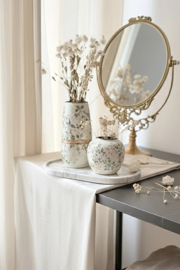 A styled interior scene with a round ornate gold-framed mirror on a dark table beside a draped white tablecloth. Two floral ceramic vases with dried white flowers sit on a marble tray, and a small matching floral pot is in front.