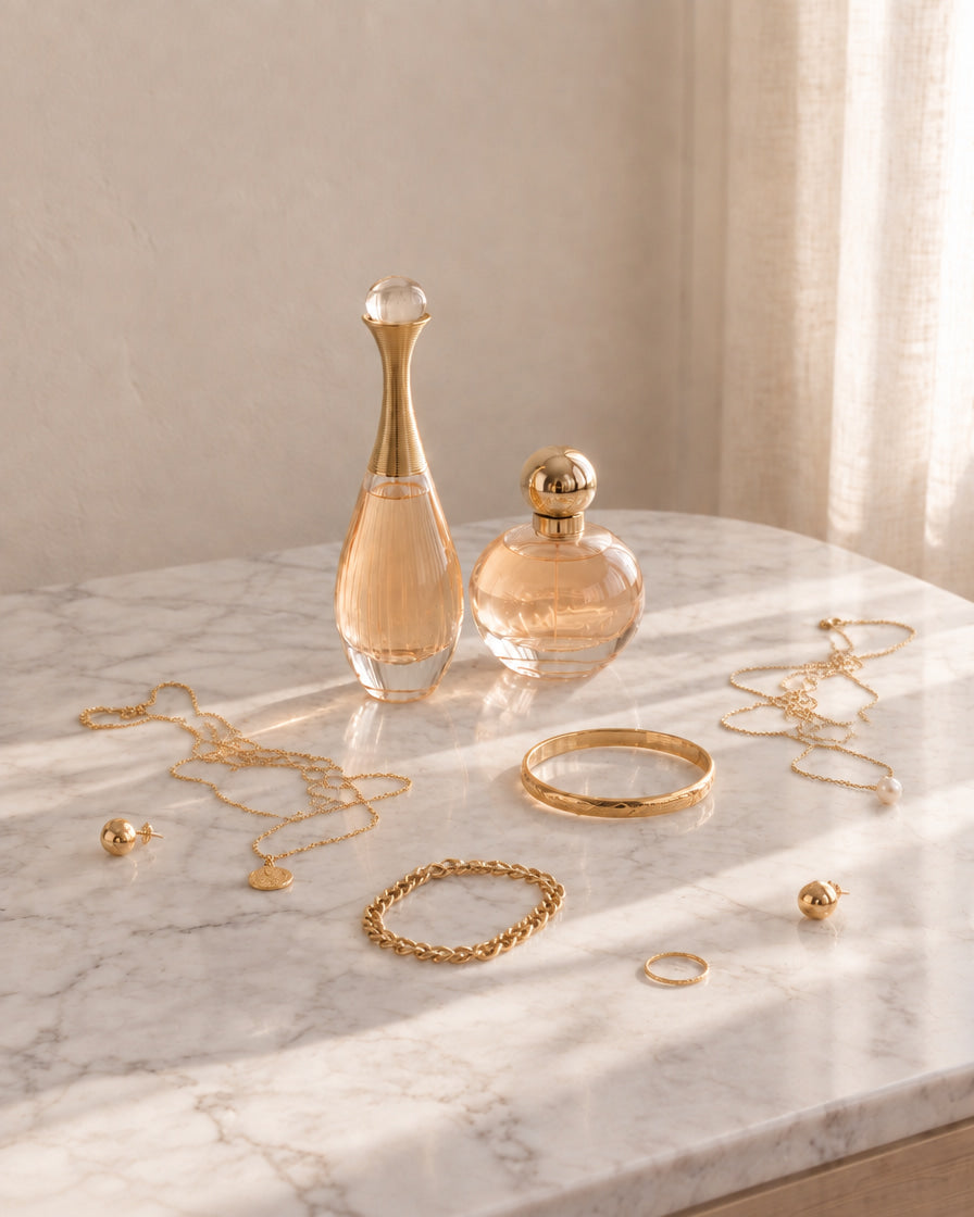 A styled flat-lay of elegant gold jewelry and perfume bottles on a white marble tabletop with soft sunlight filtering through sheer curtains. The collection includes necklaces, bracelets, rings, and a bangle, alongside a tall glass perfume bottle and a round glass perfume bottle with gold detailing.